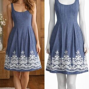 Nine West Blue and White Striped Embroidered Nine West Midi Dress